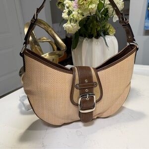 GEORGE Straw Leather Shoulder Bag Tan Brown Buckle Boho Summer Purse